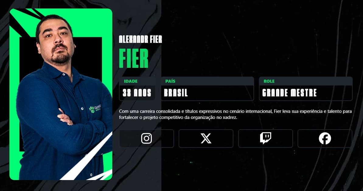 A ficha de atleta no site da Imperial Esports, com a foto de camisa de jogo e o logo da Gamdom no peito